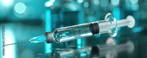 Syringe on reflective surface with blue hues