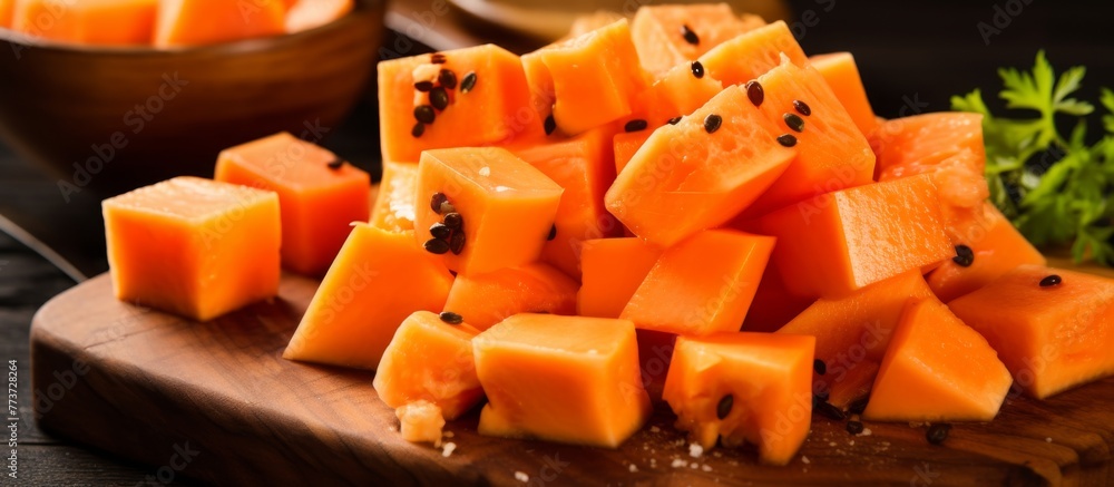 Fresh and ripe papaya fruits cut into small pieces scattered on a wooden cutting board Fresh and ripe papaya fruits cut into small pieces scattered on a wooden cutting board