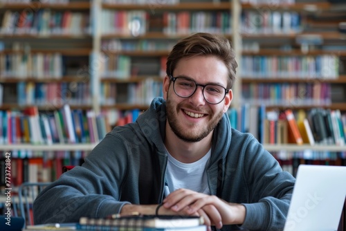 Smiling male student working and studying in a library, Generative AI