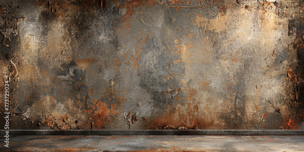 A wall with a lot of rust and paint splatters. The wall is empty and has a lot of texture - obrazy, fototapety, plakaty 