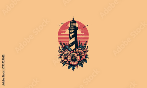 lighthouse with red rose vector artwork tattoo design photo