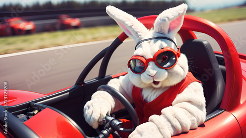 Happy Easter bunny on colorful car.Comical funny rabbit with sunglasses riding an auto,