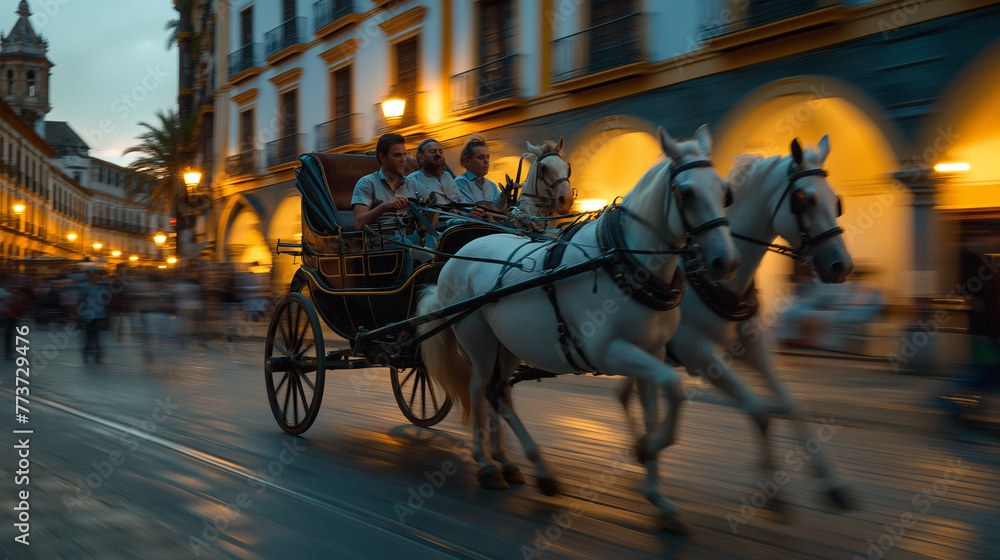 Excursion trip by horse-drawn carriage in a Spanish city.