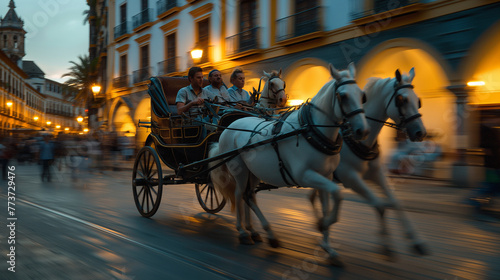 Excursion trip by horse-drawn carriage in a Spanish city.