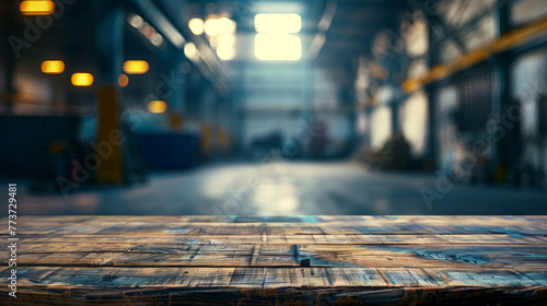Wallpaper Mural A well-worn wooden table in focus against the backdrop of a defocused industrial warehouse interior Torontodigital.ca