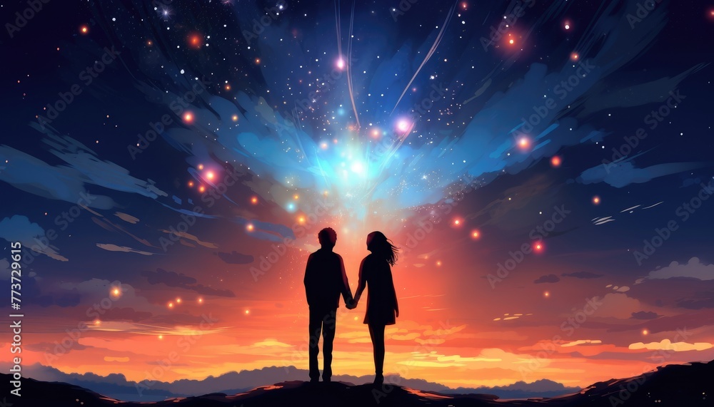 couple sitting and looking at the sky with a spectacular meteor shower, digital art style, illustration painting couple sitting and looking at the sky with a spectacular meteor shower, digital art style, illustration painting