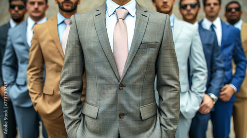 A neat row of mens business suits lined up in an orderly fashion, showcasing professional attire for office workers photo
