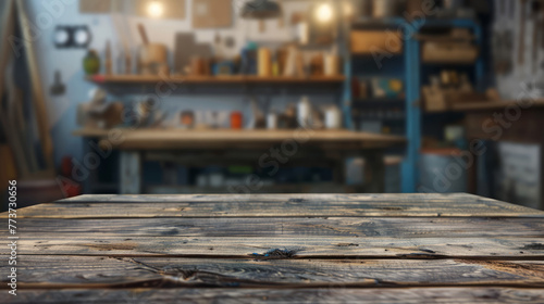 A dark wooden desk surface in the foreground with a richly detailed background of a craftsman s shop