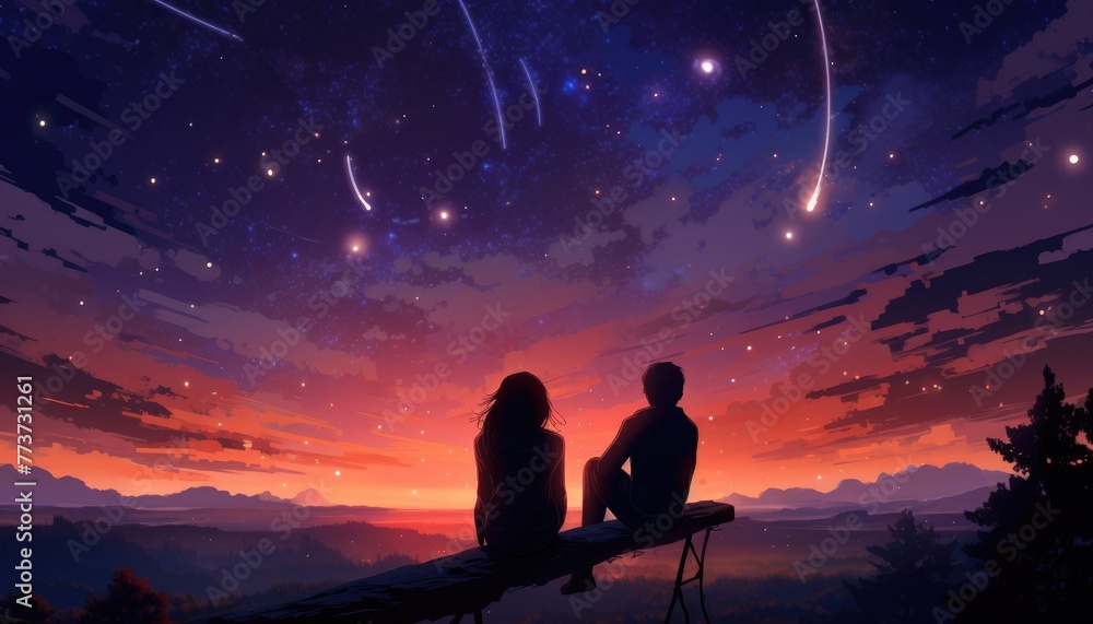 couple sitting and looking at the sky with a spectacular meteor shower, digital art style, illustration painting couple sitting and looking at the sky with a spectacular meteor shower, digital art style, illustration painting