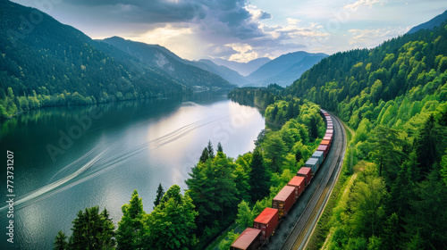 A long train travels along the tracks cutting through a dense, green forest filled with tall trees and vibrant foliage