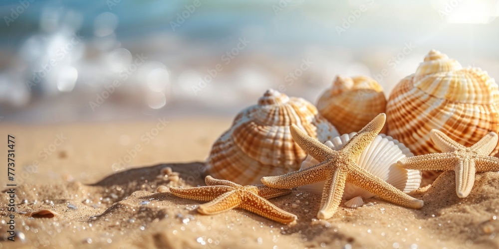 Starfish and seashells scattered on a sandy beach by the shore Starfish and seashells scattered on a sandy beach by the shore