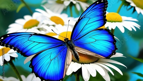 colorful blue tropical morpho butterflies on delicate daisy flowers painted with oil paint