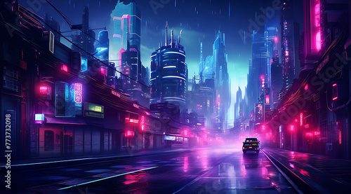 Neon-lit cyberpunk cityscape with futuristic architecture and holographic advertisements under a night sky. Generative AI