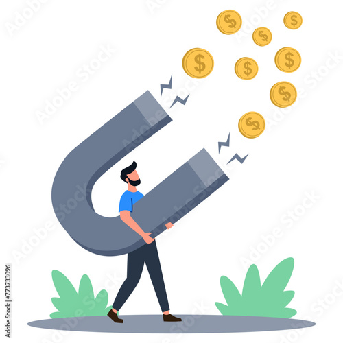 Flat vector illustration. Man big magnet attracts money, concept of big earnings . Vector illustration