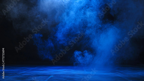 Black room or stage background for product placement blue smoke. Generative Ai