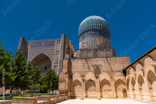 Bibi-Khanym Mosque in Samarkand, Uzbekistan. Blue sky with copy space for text photo