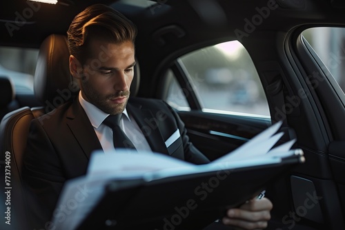 Male entrepreneur sitting on car backseat and working with documents while going to office © Kateryna Muzhevska