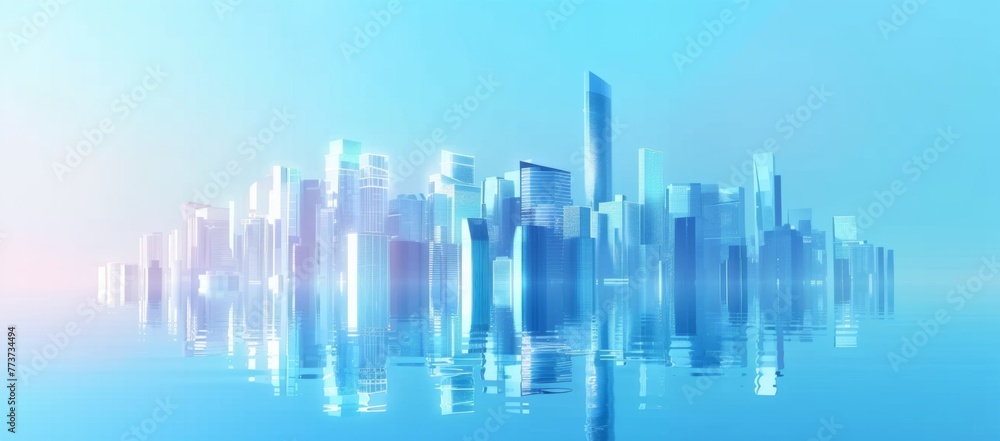 Abstract cityscape background with glass buildings and skyscrapers in blue tones, modern architecture concept with reflection on the floor, blurred business center on the horizon, for graphic design, 