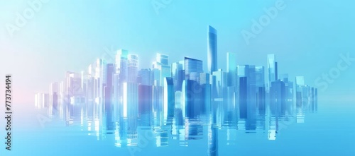 Abstract cityscape background with glass buildings and skyscrapers in blue tones  modern architecture concept with reflection on the floor  blurred business center on the horizon  for graphic design  