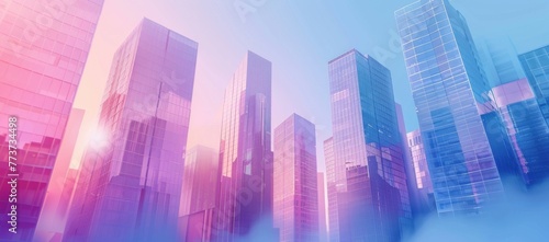 Abstract cityscape background with glass buildings and skyscrapers in blue tones, modern architecture concept with reflection on the floor, blurred business center on the horizon, for graphic design, 