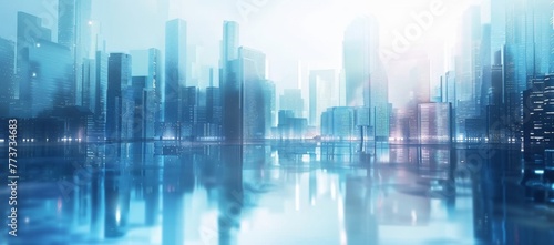 Abstract cityscape background with glass buildings and skyscrapers in blue tones  modern architecture concept with reflection on the floor  blurred business center on the horizon  for graphic design  