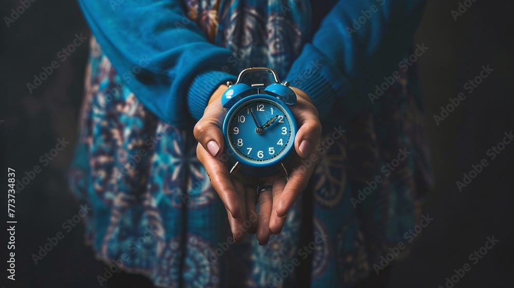a person holding a blue alarm clock