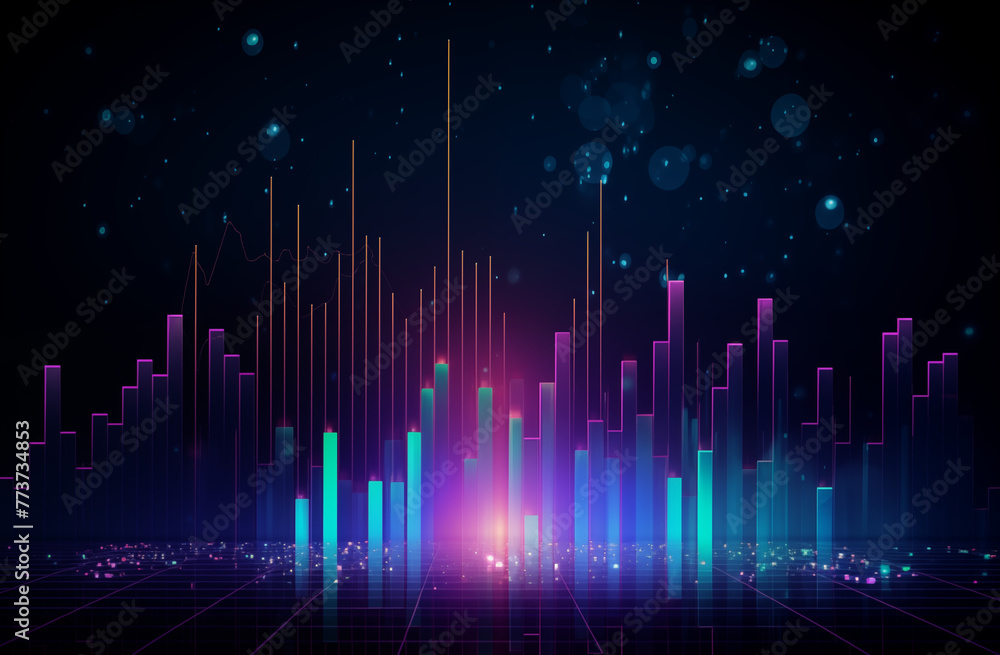 Modern Financial Tech Display: Neon Glow Bar Graph and Trading Charts on Dark Blue Gradient Modern Financial Tech Display: Neon Glow Bar Graph and Trading Charts on Dark Blue Gradient