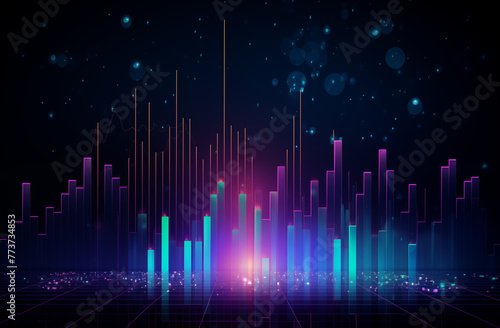 Modern Financial Tech Display: Neon Glow Bar Graph and Trading Charts on Dark Blue Gradient © jiacheng