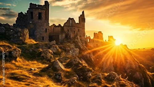 Ruined ancient castle in sunset, on the top of the hill, with sun behind photo