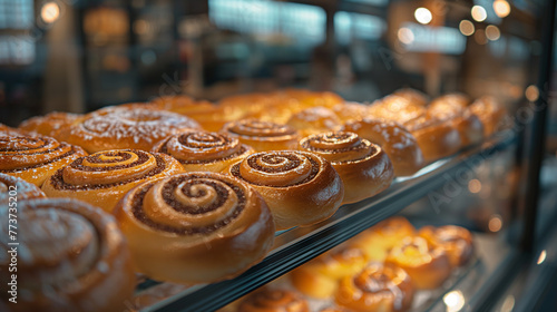 Sweet buns at the bakery counter.