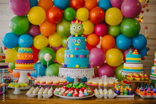 A colorful birthday party with a cake decorated with polka dots and balloons. The table is filled with various desserts and treats  including cupcakes and donuts