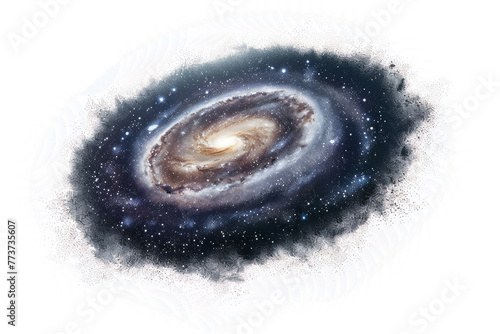 Milky Way galaxy, showcasing its spiral arms and vast expanse of stars against a clean white backdrop.