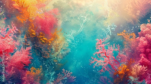 Vibrant abstract coral reef illustration with bright colors and rich textures evoking colorful underwater life.