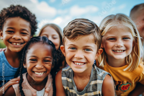 A group of children are smiling for the camera.  photo