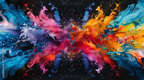 Vibrant paint splashes in vibrant blues and oranges create a creative and captivating color explosion effect.