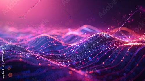 Abstract image capturing flowing waves of digital particles, illustrated with deep reds and blues and twinkling light particles on a cosmic background.