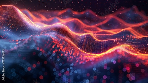 Stunning abstract image of particle waves with glowing red dots, spread over a deep dark blue background, creating a rich and dramatic visualization.