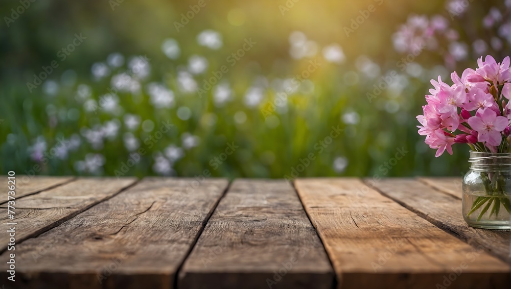 Beautiful spring flowers with empty wood table and copy space Beautiful spring flowers with empty wood table and copy space