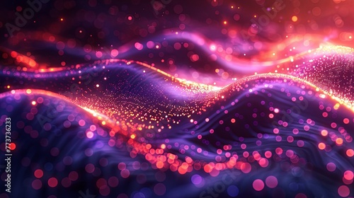 A wave of vibrant digital particles in contrasting pink and blue colors stand out against the dark background, depicting the beauty and energy of technology and data in motion.