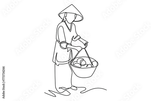 Simple continuous line draw of woman selling fruit at a traditional market wearing a hat. Traditional market minimalist concept. Business icon for market capital. Simple line. Market icon.
