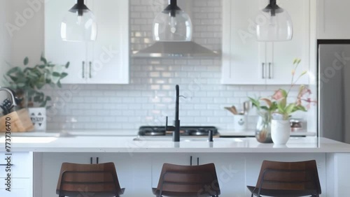 An allwhite kitchen with a white subway tile backsplash modern pendant lighting and minimalistic bar stools for seating at the island. . . photo