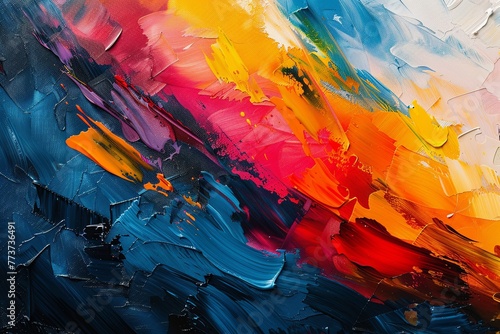 A dynamic abstract artwork, with dense, multicolored strokes cascading across a large canvas, evoking a sense of energy and movement through textured layers.