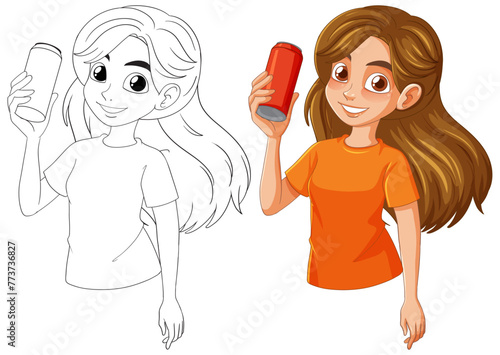 Color and line art of a girl holding a soda can