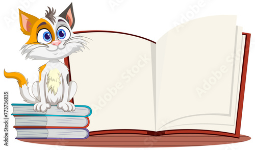 Adorable cat sitting on books beside an open book
