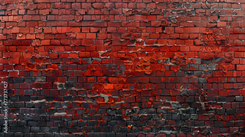 A weathered red brick wall displays a textured pattern and vintage appeal. © HelenP