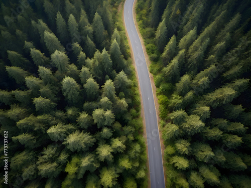 Empty road to forest and mountain bird eye view angle for travel or vacation business.