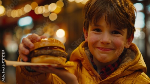 A happy very fat young boy holds a hamburger in his hand