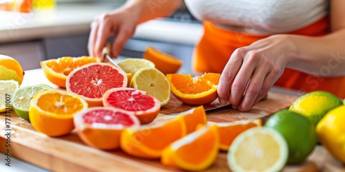 A person is seen cutting oranges and lemons on a cutting board in a sunny kitchen
