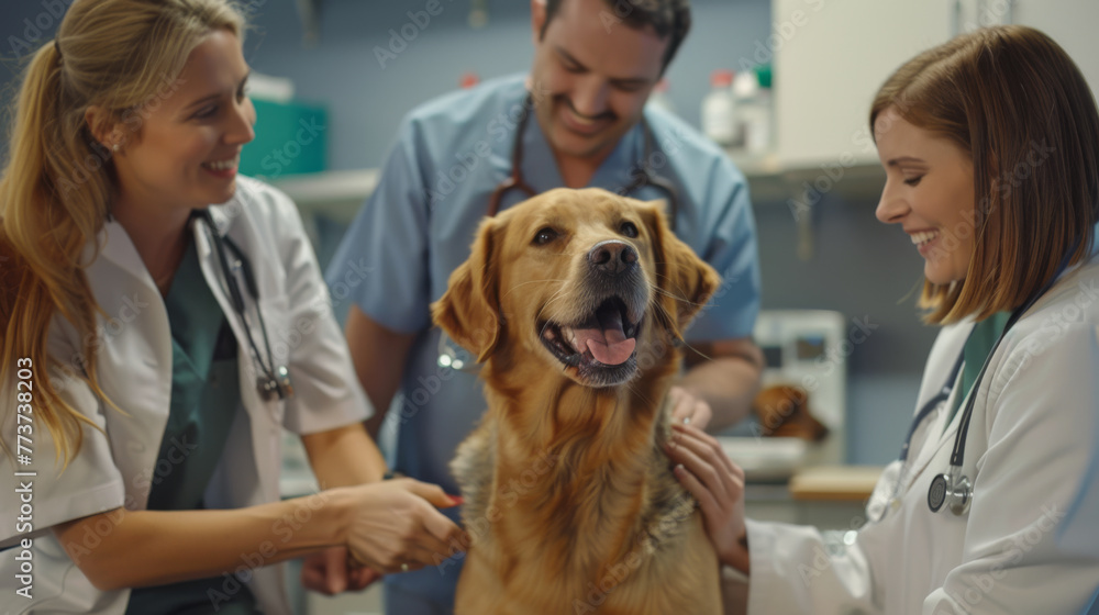 A golden retriever with a collar grins, surrounded by laughing veterinary professionals in scrubs.