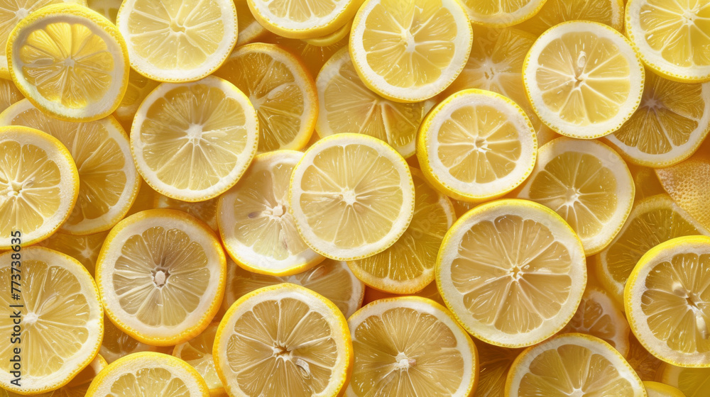 Sliced yellow lemons arranged tightly to form a vibrant textured background. Sliced yellow lemons arranged tightly to form a vibrant textured background.